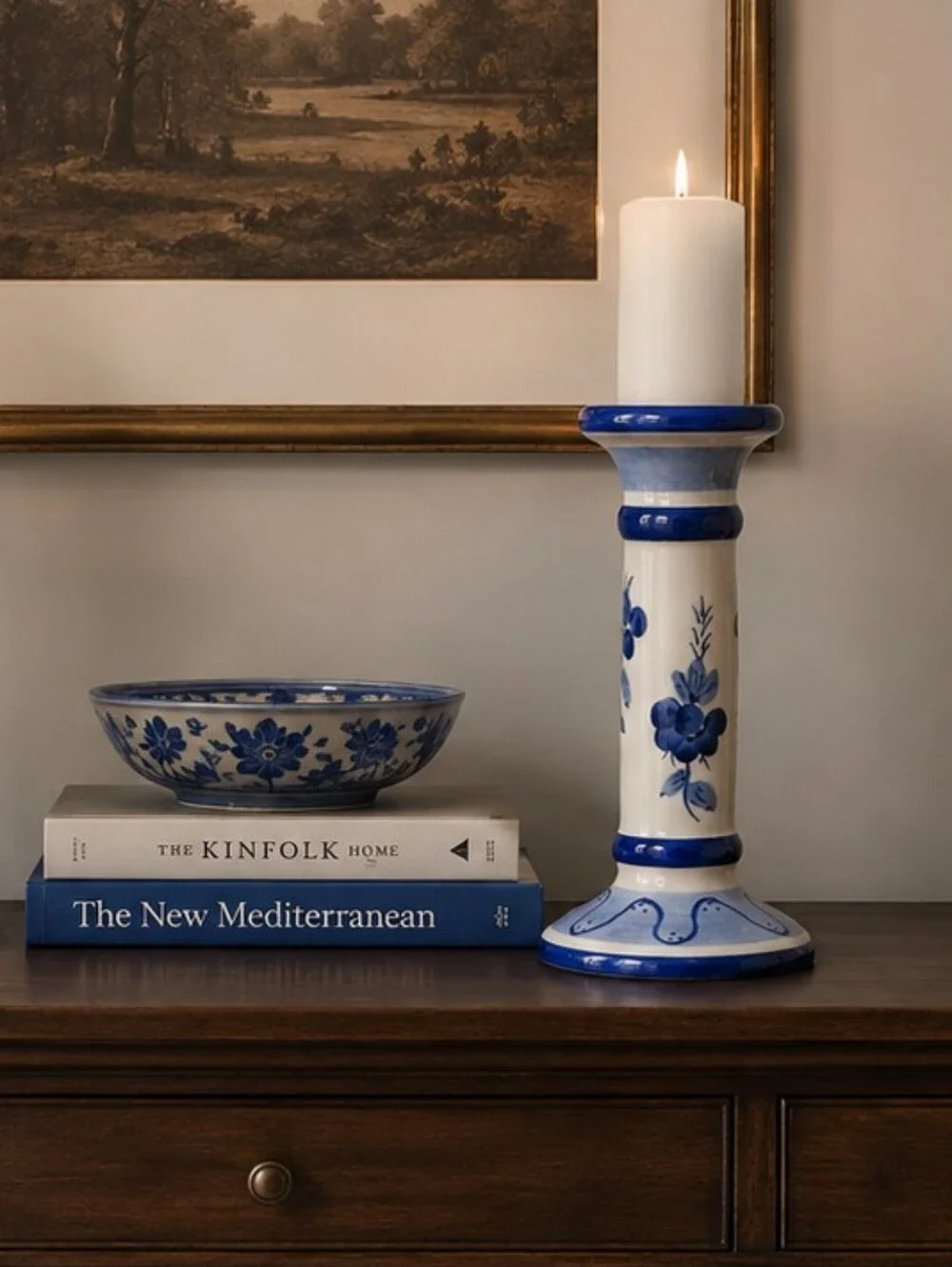 Vintage Blue & White Ceramic Floral Candlestick Holder - Home Accents